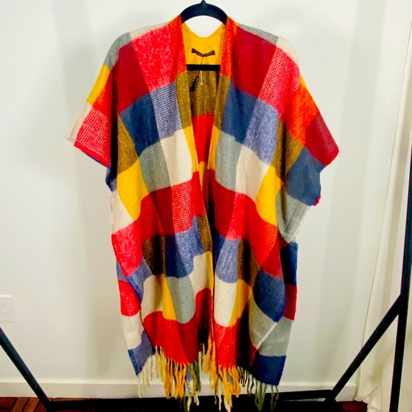 Multicolor Check Patchwork Soft Versatile Wear Poncho Cape Cloak O/S - Picture 3 of 8